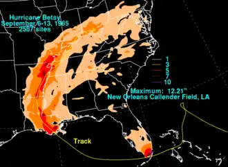 Filled contoured map showing areas of North America; each contour represents a change of 76&nbsp;mm (3&nbsp;in) in precipitation totals.