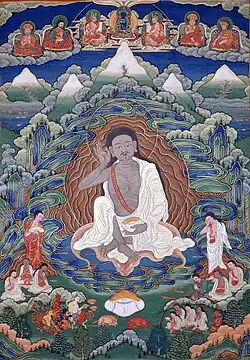 Thangka butanesa com pintura de Milarepa (1052-1135), final do século XIX e início do XX, Dhodeydrag Gonpa, Thimphu, Butão
