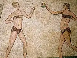 Mosaic of female athletes playing ball at the Villa Romana del Casale of Piazza Armerina, 4th century&nbsp;AD
