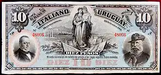 Nota do Banco Italiano do Uruguai mostrando a Alegoria do Uruguai e da Italia Turrita se abraçando, 1887.