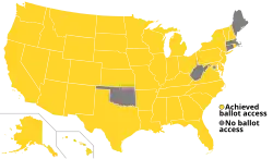 Um mapa dos Estados Unidos com todos os estados coloridos de amarelo, exceto Oklahoma, Virgínia Ocidental, Connecticut, Massachusetts, Maine e Washington D.C.