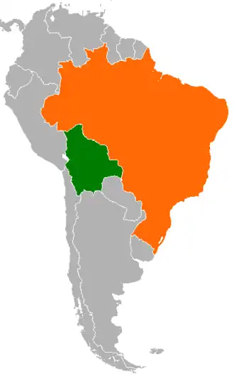 Mapa indicando localização da Bolívia e do Brasil.