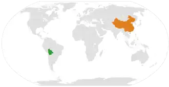 Mapa indicando localização da Bolívia e do China.