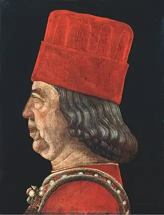 Retrato de Borso d'Este, atribuído a Vicino da Ferrara, Pinacoteca do Castello Sforzesco (Milão).