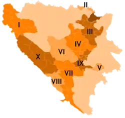 Mapa mostrando cantões ou Municípios da Federação da Bósnia-Herzegovina.