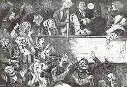 A plateia no Théâtre des Bouffes-Parisiens, o berço das operetas de Jacques Offenbach. Caricatura de 1860.