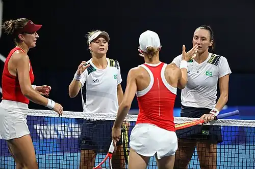 Luisa e Laura na partida contra a Suíça nos Jogos Olímpicos Tokio 2020