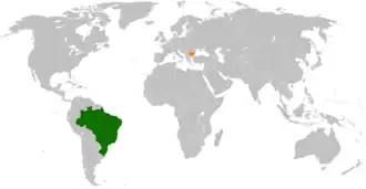 Mapa indicando localização do Brasil e de Bulgária.