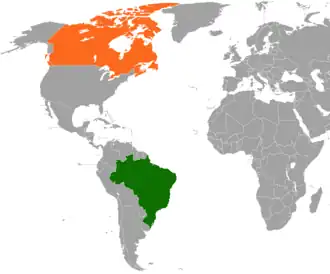 Mapa indicando localização do Brasil e do Canadá.