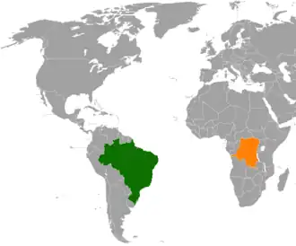 Mapa indicando localização do Brasil e da República Democrática do Congo.