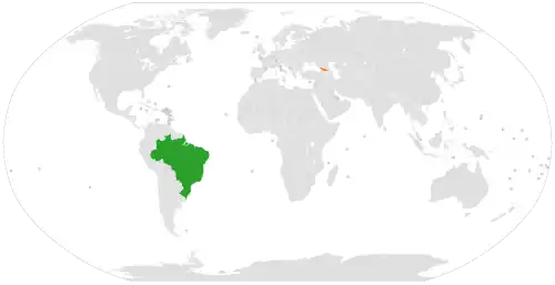 Mapa indicando localização do Brasil e da Geórgia.