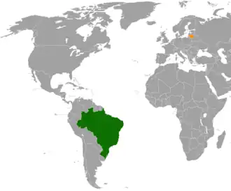 Mapa indicando localização do Brasil e da Lituânia.