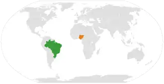 Mapa indicando localização do Brasil e da Nigéria.