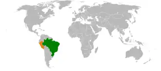 Mapa indicando localização do Brasil e do Peru.