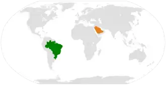 Mapa indicando localização do Brasil e da Arábia Saudita.