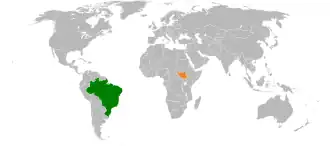 Mapa indicando localização do Brasil e do Sudão do Sul.