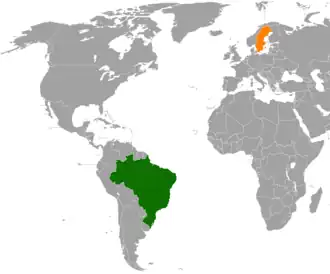 Mapa indicando localização da Brasil e da Suécia.