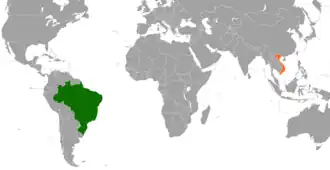 Mapa indicando localização da Brasil e do Vietnã.