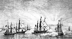 Gravura retratando vários navios de guerra à vela, um dos quais parece estar disparando suas armas, com inúmeras outras embarcações à vela no fundo.