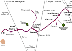 Map of a railway line running roughly south-west to north-east. Long sidings run off the railway line at various places. Two other north–south railway lines cross the line, but do not connect with it. At the northeastern terminus of the line, marked "Quainton Road", the line meets three other lines running to Rugby & Leicester, Verney Junction, and Aylesbury & London respectively. The southwestern terminus, marked "Brill", is some distance north of the town of Brill, which is the only town on the map. A station on one of the other lines, marked "Brill and Ludgersall", is even further from the town of Brill.