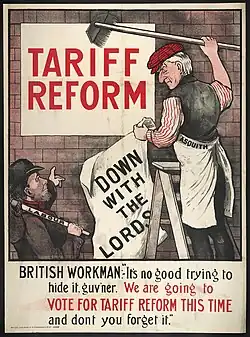 The poster caption reads "British Workman: It's no use trying to hide it, guv'ner. We are going to vote for Tariff Reform"