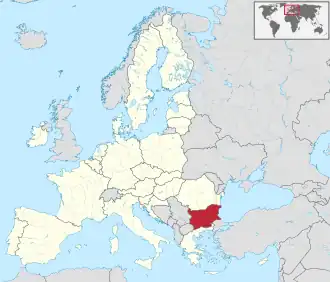 Localização da Bulgária (em vermelho) No continente europeu (em cinza) Na União Europeia (em branco)