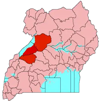 Localização do Reino de Bunyoro (Vermelho), em Uganda (Rosa).