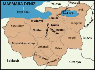 Mapa dos distritos da província de Bursa