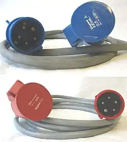 Two power cables, each with a 3P+N+E plug at one end, and a matching socket at the other end. The upper cable has blue connectors; the lower cable has red connectors.