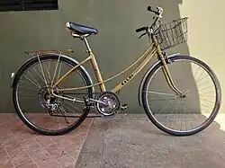Bicicleta tamanho adulto, com design em linhas suaves, pintura metálica cor dourado com paralamas cor prateado, cestinha frontal de metal estilo gradil, em formato retangular na cor preta, demais peças em sua maioria cromadas, selim preto com recorte em branco atrás, manoplas e capas de manetes cor preta. Adereço refletor cor branco acoplado no paralama traseiro, protetor de raios fixado no centro da roda traseira, semelhante a um disco cromado com furos, cobre corrente fixado na coroa da bicicleta, também semelhante a um disco cromado com furos, câmbio traseiro de três marchas com pequena alavanca de troca acoplada entre a caixa de direção e o guidom.