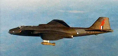 Side view of camouflaged twin-engined military jet in level flight