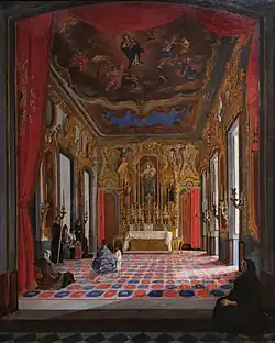 Interior da Capela de Nossa Senhora das Vitórias, na Igreja de São Francisco de Paula, com talhas do Mestre Valentim. Pintura de Luigi Stallone (1892). Coleção do Museu Histórico Nacional.