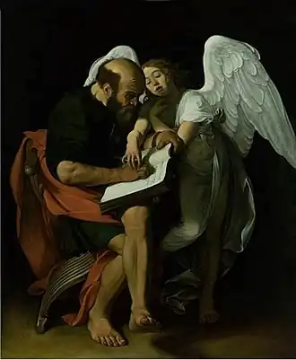São Mateus e o Anjo, 223 × 183 cm, 1599, primeira versão. Pintura destruída em maio de 1945 (Berlim).