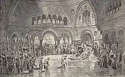 Cena do Rei Arthur, cenários de Burne-Jones, 1895