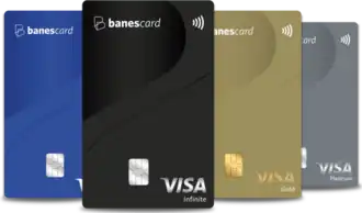 Foto com todos os modelos do cartão de crédito Banescard Visa: Classic, Gold, Platinum e Infinite.