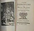 Frontispício e página de título para De Rerum Natura por Titus Lucretius Carus (1754