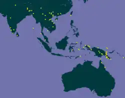 Mapa mostrando a distribuição geográfica de C. ulens L. com enfoque na Ásia e Oceania.[3]