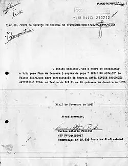 Foto do documento para liberação da peça na censura da Ditadura Militar
