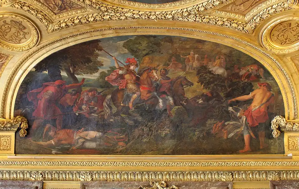 Pintura do imperador persa Ciro, o Grande caçando javali, por Claude Audran II, localizada no Salon de Diane
