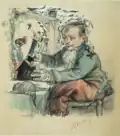 Courteline se divertindo com seu teatro de marionetes (Courteline s'amusant avec son théâtre de marionnettes), Aquarela e carvão