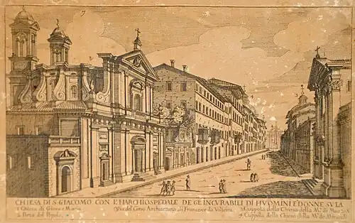 Vizinhança de São Tiago (na frente, à esquerda): 1. Gesù e Maria; 2. Porta del Popolo; 3. Cúpula de Santa Maria in Montesanto; 4. Cúpula de Santa Maria dei Miracoli