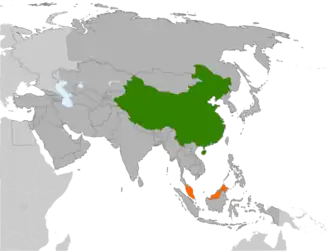 Mapa indicando localização da China e da Malásia.