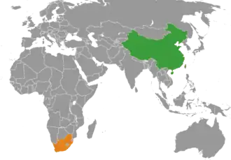Mapa indicando localização da África do Sul e da China.
