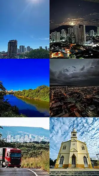 Da esquerda para direita vista panorâmica da cidade, o Rio Grande, Cidade vista de cima, vista da cidade a partir da BR-242, Catedral São João Batista