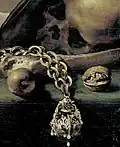 Vaidade com tigela marinha e maçã âmbar na ponta de uma corrente de ouro, detalhe (1636), Pieter Claesz