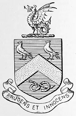 Serpe no topo do brasão de Dr. Thomas Kingsbury, membro do King and Queen's College of Physicians, Irlanda (1742).