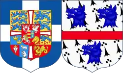 O brasão de armas de Marie-Chantal, Princesa Herdeira da Grécia, utilizando elementos de Sodacan.