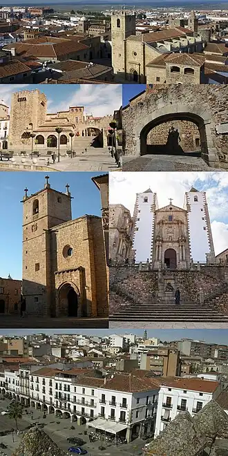 De cima para baixo e da esquerda para a direita: 1)&nbsp;Centro histórico e concatedral; 2)&nbsp;Plaza Mayor; 3)&nbsp;Arco da Estrela, uma das portas da muralha; 4)&nbsp;Concatedral; 5)&nbsp;Igreja de São Francisco Xavier; 6)&nbsp;Plaza Mayor vista da Torre Bujaco.