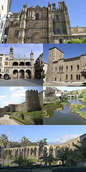 De cima para baixo e da esquerda para a direita: 1) Catedral Nova; 2) Casa Consistorial, sede do ayuntamiento, na Plaza Mayor; 3) Palácio dos Monroy (Casa das Duas Torres; 4) Muralhas; 5) Rio Jerte; 6) Aqueduto de San Antón.