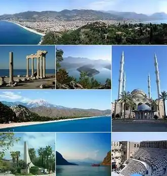 De cima para baixo e da esquerda para a direita: 1. Panorâmica de Alânia; 2. Templo de Apolo, em Side; 3. Barragem nos montes Tauro; 4. Mesquita em Manavgat; 5. Praia de Olympos; 6. Monumento a Atatürk em Alânia; 7. Monte Olimpo da Lícia (Tahtalı Dağı); 8. Teatro romano de Aspendo